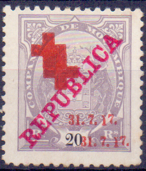 0762.jpg -     Lote:    762            Companhia de Moçambique       Descrição:         1917 &mdash; Tipo Elefantes, com sobrecarga CRUZ VERMELHA. CE109, 20 reis. Selo com dupla sobrecarga. Valor de catálogo &euro; 130,00.        *       Valor Base:     &euro; 25,00     Valor Venda:     &euro; 26,00     