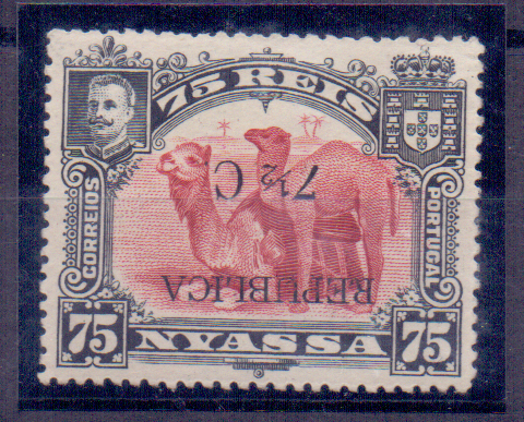 0769.jpg -     Lote:    769            Companhia do Niassa       Descrição:         1918 &mdash; D. Carlos I, com sobretaxa e sobrecarga REPUBLICA local. CE73, 7 &frac12; c s/ 75 reis carmim. Selo com a sobretaxa invertida. Valor de catálogo &euro; 70,00.        *       Valor Base:     &euro; 15,00     Valor Venda:     &euro; 26,00     
