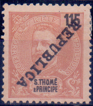 0778.jpg -     Lote:    778            S. Tomé e Príncipe       Descrição:         1913 &mdash; D. Carlos I Mouchon. Selos de 1903 com sobrecarga REPUBLICA local tipografada. CE171, 115 reis. Selo com a sobrecarga invertida.         *       Valor Base:     &euro; 12,00     Valor Venda:     &euro; 20,00     