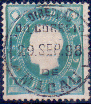 0783.jpg -     Lote:    783            Timor       Descrição:         1888 &mdash; D. Luís I, fita direita. CE12, 10 reis. Selo com carimbo "Macau / 29 SEP 98", verde-azul e com dupla impressão.        O       Valor Base:     &euro; 15,00     Valor Venda:     &euro; 22,00     