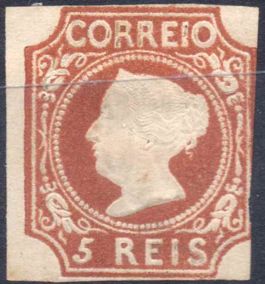 0789.jpg -     Lote:    789            Portugal       Descrição:         1853 &mdash; D. Maria II. CE1, 5 reis castanho avermelhado, tipo I, papel liso, não denteado, com goma não original, assinado no verso, sem reparações, com boa cor e relevo, duas margens curtas e outra tocando ligeiramente o quadro de impressão e dois pontos de óxido no verso. Certificado de peritagem INEXFIP. Valor de catálogo &euro; 5.200,00.        *       Valor Base:     &euro; 250,00     Valor Venda:     Retirado     