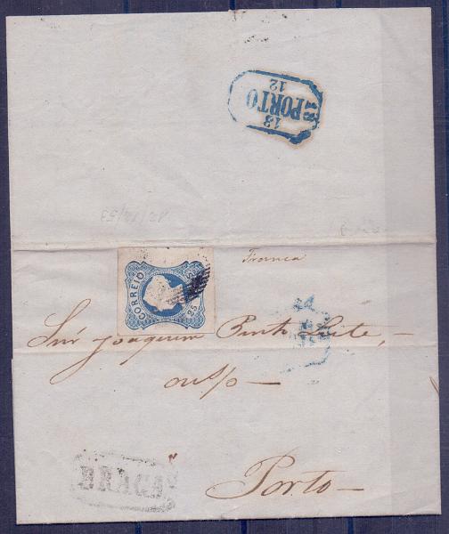 0792.jpg -     Lote:    792            Portugal       Descrição:         1853 &mdash; D. Maria II. CE2, 25 reis azul, cunho II, com margens de luxo, em carta circulada de Braga para o Porto (12.12.53). Carimbo batido a preto de BRAGA e manuscrito "Franca".        Carta       Valor Base:     &euro; 15,00     Valor Venda:     &euro; 16,00     