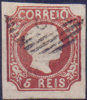 0797.jpg -     Lote:    797            Portugal       Descrição:         1855/56 &mdash; D. Pedro V. Cabelos lisos. CE5, 5 reis, com margens boas. Valor de catálogo &euro; 1.610,00.        O       Valor Base:     &euro; 100,00     Valor Venda:     &euro; 150,00     