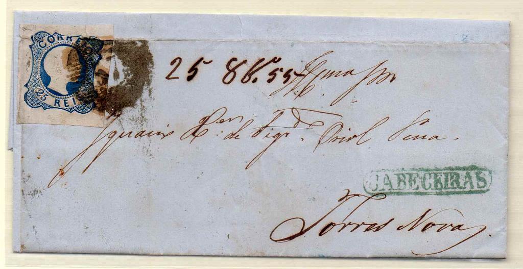 0803.jpg -     Lote:    803            Portugal       Descrição:         1855/56 &mdash; D. Pedro V, cabelos lisos. CE7, 25 reis azul (pérolas juntas) com boas margens, em carta circulada de Cabeceiras (25.10.55) para Torres Novas com trânsito pelo Porto (27.10.55) e Lisboa (29.10.55). Carimbo da 1.ª reforma "57" tipo 20 barras a preto + nominativo CABECEIRAS a verde. Carta desinfectada.        Carta       Valor Base:     &euro; 25,00     Valor Venda:     Retirado     