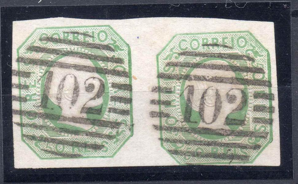0805.jpg -     Lote:    805            Portugal       Descrição:         1855/56. D. Pedro V. Cabelos lisos. CE8, 50 reis verde amarelo. Par horizontal, sem defeitos nem reparações, com boa cor e relevo, com margens normais, obliterado com carimbo da 1.ª reforma, tipo 4.3.4 "102 &mdash; Viana do Castelo". Certificado de Peritagem de J. Miranda da Mota. Valor de catálogo &euro; 390,00.        O       Valor Base:     &euro; 100,00     Valor Venda:     &euro; 120,00     