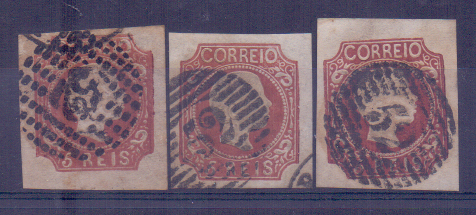 0813.jpg -     Lote:    813            Portugal       Descrição:         1856/58 &mdash; D. Pedro V. Cabelos anelados. CE10, 5 reis. Lote com três selos com margens largas, com tonalidades de cor. Valor de catálogo &euro; 510,00.        O       Valor Base:     &euro; 40,00     Valor Venda:     Retirado     