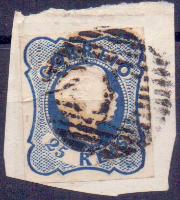 0815.jpg -     Lote:    815            Portugal       Descrição:         1856/58 &mdash; D. Pedro V. Cabelos anelados. CE11, 25 reis linhas simples, com margens normais em pequeno fragmento.        FRG       Valor Base:     &euro; 10,00     Valor Venda:     Retirado     