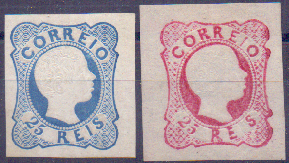 0818.jpg -     Lote:    818            Portugal       Descrição:         1856/58 &mdash; D. Pedro V. Cabelos anelados. Lote composto por selo de 25 reis azul, linhas duplas, CE12, com boas margens + selo de 25 reis carmim rosa, com margens de luxo, CE13. Valor de catálogo &euro; 1.250,00.        RG***       Valor Base:     &euro; 120,00     Valor Venda:     &euro; 120,00     