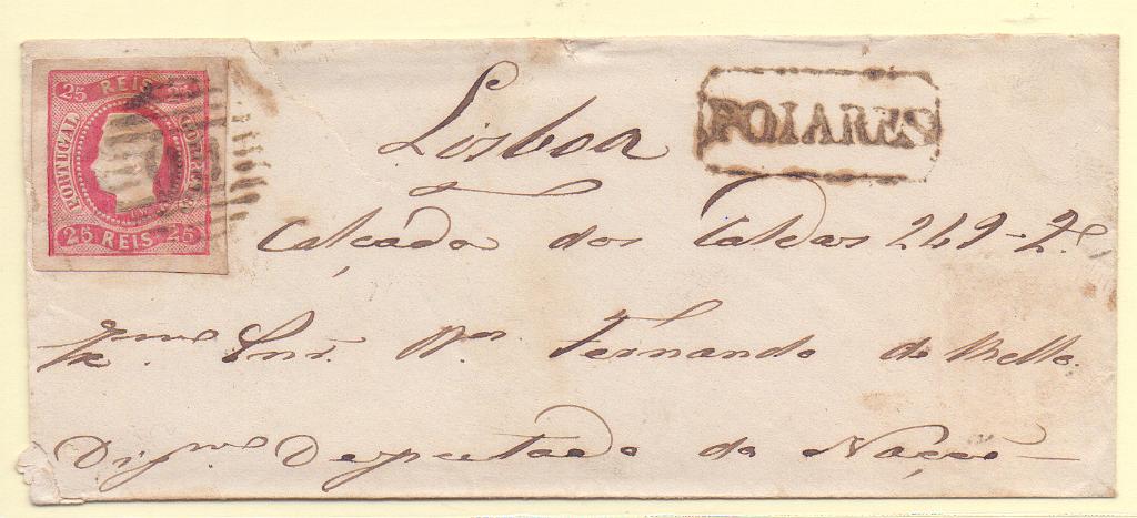 0834.jpg -     Lote:    834            Portugal       Descrição:         1866/67 &mdash; D. Luís I. Fita curva. Não denteados. CE22, 25 reis em sobrescrito circulado de Poiares para Lisboa (19.07.69). Carimbos a sépia de POIARES.        Carta       Valor Base:     &euro; 12,00     Valor Venda:     Retirado     