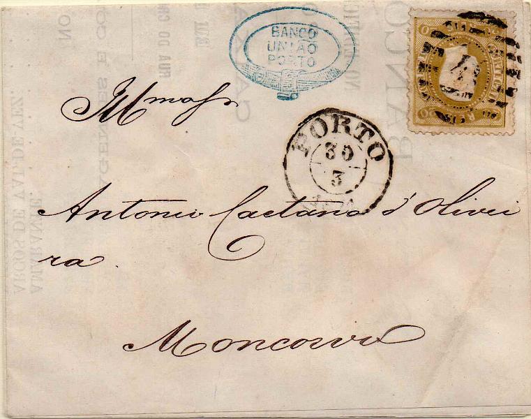 0837.jpg -     Lote:    837            Portugal       Descrição:         1867/70 &mdash; D. Luís I. Fita curva, denteados. CE29, 20 reis bistre em impresso circulado do Porto (30.03.1871) para Moncorvo. MB e MR.        Carta       Valor Base:     &euro; 75,00     Valor Venda:     &euro; 80,00     