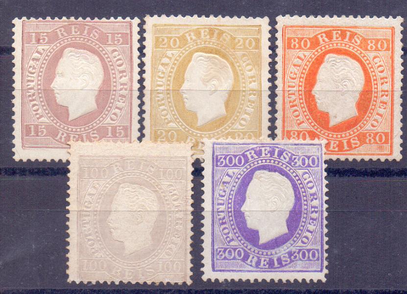0841.jpg -     Lote:    841            Portugal       Descrição:         1870/76 &mdash; D. Luís I. Fita direita. Série em denteado 13 &frac12;, papel porcelana: CE38, 39, 42, 43 e 47, 15, 20, 80, 100 e 300 reis. Valor de catálogo &euro; 1.257,00.        RG**       Valor Base:     &euro; 100,00     Valor Venda:     Retirado     