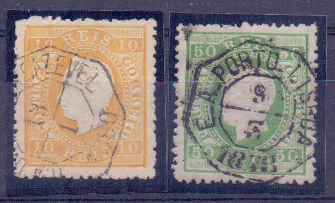 0843.jpg -     Lote:    843            Portugal       Descrição:         1870/76 &mdash; D. Luís I, fita direita. Lote de dois selos: um de 10 reis CE37 com carimbo "EA LISBOA-CAZEVEL" e outro de 50 reis CE41 com carimbo "EA PORTO LISBOA". Ambos papel liso, denteado 12 &frac12;.        O       Valor Base:     &euro; 15,00     Valor Venda:     Retirado     