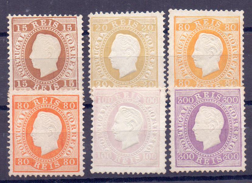 0846.jpg -     Lote:    846            Portugal       Descrição:         1870/76 &mdash; D. Luís I. Fita direita. CE38, 39, 42x2, 43 e 47. Série completa em denteado 12 &frac12;, em papel porcelana. Valor de catálogo &euro; 1.130,00.        **       Valor Base:     &euro; 100,00     Valor Venda:     Retirado     