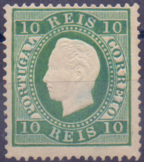0852.jpg -     Lote:    852            Portugal       Descrição:         1879/80 &mdash; D. Luís I, fita direita. Novas cores. CE49, 10 reis verde azul, denteado 13 &frac12;. Muito leve sinal de charneira. Valor de catálogo &euro; 1.150,00.        **       Valor Base:     &euro; 100,00     Valor Venda:     &euro; 150,00     