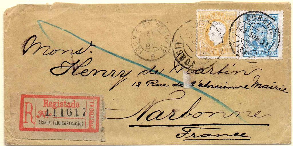 0855.jpg -     Lote:    855            Portugal       Descrição:         1879/83 &mdash; D. Luís I. Fita direita + D. Luís I, de frente. Sobrescrito circulado registado de Lisboa (59.07.90) para França (31.07.90) com selo de 150 reis amarelo, denteado 12 &frac12;, papel porcelana CE51 + selo de 50 reis, denteado 11 &frac12;, papel porcelana CE58.        Carta       Valor Base:     &euro; 50,00     Valor Venda:     &euro; 60,00     