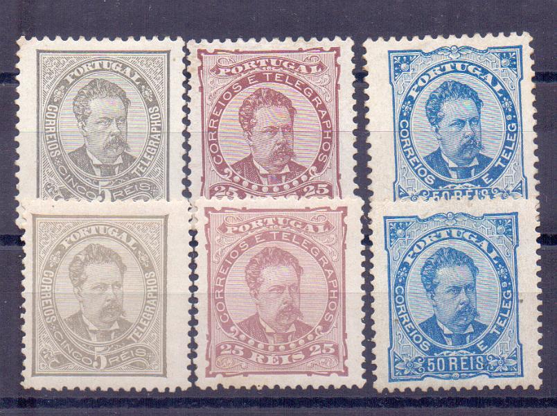 0858.jpg -     Lote:    858            Portugal       Descrição:         1882/83 &mdash; D. Luís I, de perfil. CE56/58. Séries completas em denteado 11 &frac12; e 12 &frac12;, papel porcelana. Valor de catálogo &euro; 428,00.        RG**       Valor Base:     &euro; 30,00     Valor Venda:     &euro; 44,00     
