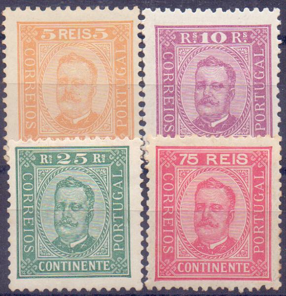 0869.jpg -     Lote:    869            Portugal       Descrição:         1892/93 &mdash; D. Carlos I tipo Diogo Neto. CE68/72. Série completa em papel pontinhado, denteado 11 &frac12; + selo de 75 reis papel pontinhado, denteado 12 &frac12;. Valor de catálogo &euro; 542,00.        RG**       Valor Base:     &euro; 30,00     Valor Venda:     &euro; 65,00     