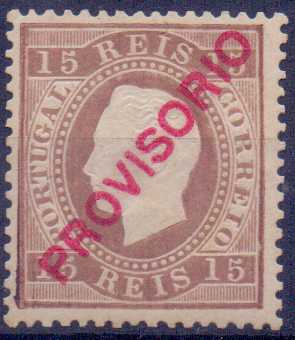 0872.jpg -     Lote:    872            Portugal       Descrição:         1892/93 &mdash; D. Luís I. Fita direita. Sobrecarga PROVISORIO. Tipo C. CE84, 15 reis castanho, tipo II, papel liso, denteado 13 &frac12;, Exemplar sem goma original, ligeiramente redenteado no lado direito, com boa cor e relevo e com sobrecarga autêntica. Valor de catálogo &euro; 2.150,00.        ***       Valor Base:     &euro; 150,00     Valor Venda:     &euro; 150,00     