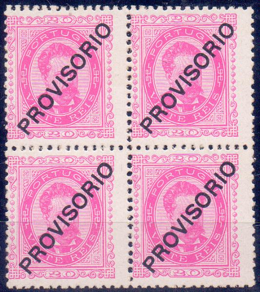 0873.jpg -     Lote:    873            Portugal       Descrição:         1891/93 &mdash; D. Luís I. Sobrecargas PROVISÓRIO. CE85, 20 reis. Quadra, com 3 ligeiríssimos pontos de óxido. Valor de catálogo &euro; 620,00.        ***       Valor Base:     &euro; 35,00     Valor Venda:     Retirado     