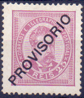 0874.jpg -     Lote:    874            Portugal       Descrição:         1892/93 &mdash; D. Luís I. Sobrecarga PROVISORIO. CE86, 25 reis, sobrecarga c, em denteado 12 &frac12;. Selo com dois ligeiros pontos de óxido. Valor de catálogo &euro; 838,00.        **       Valor Base:     &euro; 50,00     Valor Venda:     Retirado     