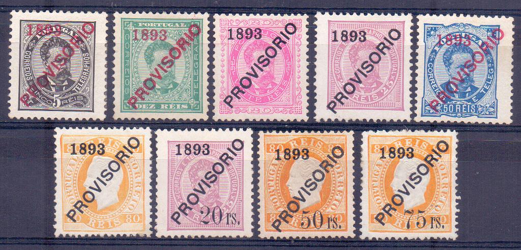 0876.jpg -     Lote:    876            Portugal       Descrição:         1893 &mdash; D. Luís I. Sobrecargas PROVISORIO. Lote composto pelos selos com as sobrecargas tipo d, e, f e g. CE89/97 com variedade de papeis e denteados, com excepção do selo de 10 reis denteado 12 &frac12;. Valor de catálogo &euro; 1.230,00.        **       Valor Base:     &euro; 90,00     Valor Venda:     &euro; 160,00     