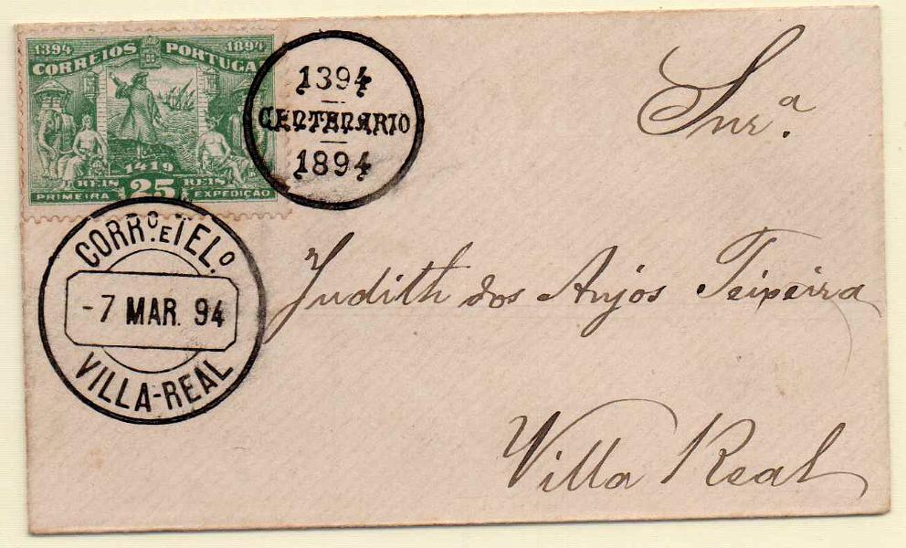 0879.jpg -     Lote:    879            Portugal       Descrição:         1894 &mdash; 5.º Centenário do nascimento do Infante D. Henrique. CE102, 25 reis verde em sobrescrito circulado em Vila Real (07.03.94). MB.        Carta       Valor Base:     &euro; 50,00     Valor Venda:     Retirado     