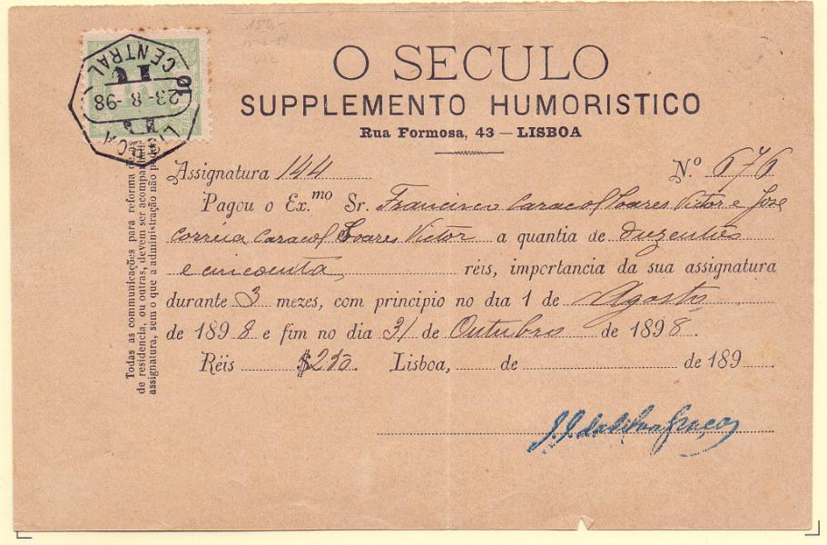 0885.jpg -     Lote:    885            Portugal       Descrição:         1895/96 &mdash; D. Carlos O Mouchon. CE128, 10 reis verde circulado em recibo de "O Século" em Lisboa (23.08.98).        DOC       Valor Base:     &euro; 5,00     Valor Venda:     Retirado     