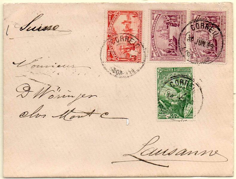 0887.jpg -     Lote:    887            Portugal       Descrição:         1898 &mdash; 4.º Centenário do descobrimento do caminho marítimo para a Índia. Sobrescrito circulado de Lisboa (30.06.98) para Lausane, com selos de 5 reis, par de 10 reis e selo de 25 reis, CE149/151.        Carta       Valor Base:     &euro; 50,00     Valor Venda:     Retirado     