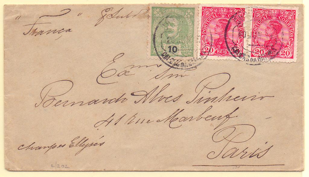 0889.jpg -     Lote:    889            Portugal       Descrição:         1898/1910 &mdash; D. Carlos I + D. Manuel II. Sobrescrito circulado de Caldas da Rainha (20.06.10) para a Alemanha com selos de 10 reis CE128 e dois selos de 10 reis CE160.        Carta       Valor Base:     &euro; 15,00     Valor Venda:     Retirado     