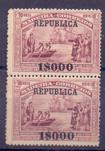 0894.jpg -     Lote:    894            Portugal       Descrição:         1898 &mdash; 4.º Centenário do Descobrimento do Caminho Marítimo para a Índia, com sobrecarga REPUBLICA, sobre selos postais da Madeira. CE205, 1$000 s/ 10 reis. Par vertical. Valor de catálogo &euro; 242,00.        ***       Valor Base:     &euro; 25,00     Valor Venda:     Retirado     