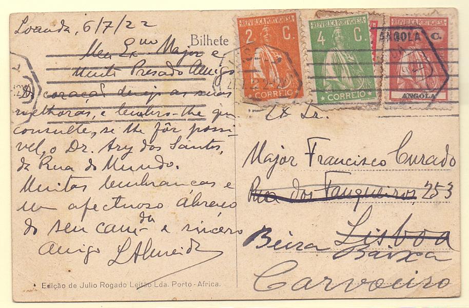 0905.jpg -     Lote:    905            Portugal       Descrição:         1914/17 &mdash; Ceres. Franquias mistas. Postal ilustrado circulado de Luanda (06.07.22) para Lisboa (22.07.22) com selos de 2c e 10c CE1446 e 151 (raro porte de 12c para o Continente). Foi reexpedido com nova franquia de Lisboa (27.07.22) para Carvoeiro com selos de 2c e 4c CE223 e 226. MB e R.        PI       Valor Base:     &euro; 25,00     Valor Venda:     &euro; 110,00     