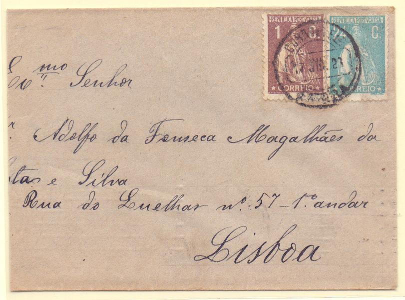 0912.jpg -     Lote:    912            Portugal       Descrição:         1917/22 &mdash; Ceres. Sobrescrito circulado de Évora (17.07.23) para Lisboa com selos de 1c e 24c CE221 e 241.        Carta       Valor Base:     &euro; 8,00     Valor Venda:     &euro; 8,00     