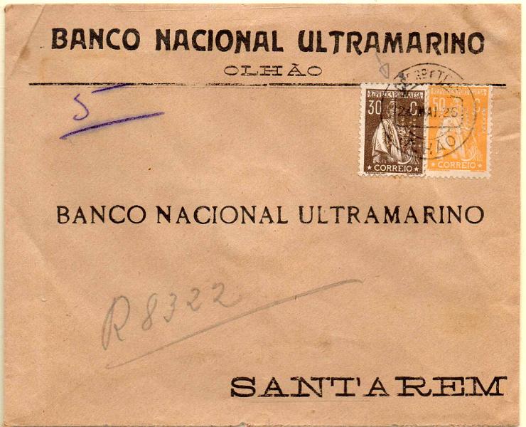 0914.jpg -     Lote:    914            Portugal       Descrição:         1920/22 &mdash; Ceres. Sobrescrito circulado registado de Olhão (24.05.26) para Santarém com selo de 30c CE242 e 50c CE244. Selo de 30c com variedade de cliché não catalogada. "A" de República parcial. Ambos com perfuração BNU        Carta       Valor Base:     &euro; 15,00     Valor Venda:     &euro; 22,00     
