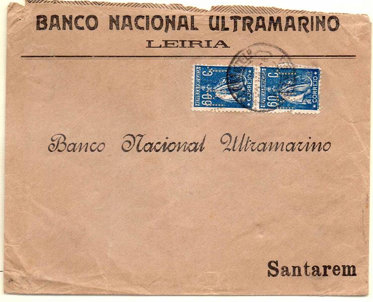 0915.jpg -     Lote:    915            Portugal       Descrição:         1920/22 &mdash; Ceres. Sobrescrito circulado de Leiria (19.07.24) para Santarém, com par de selos de 60c lilás rosa, denteado 12x11 &frac12;. CE245. Repicados por BNU.        Carta       Valor Base:     &euro; 12,00     Valor Venda:     Retirado     