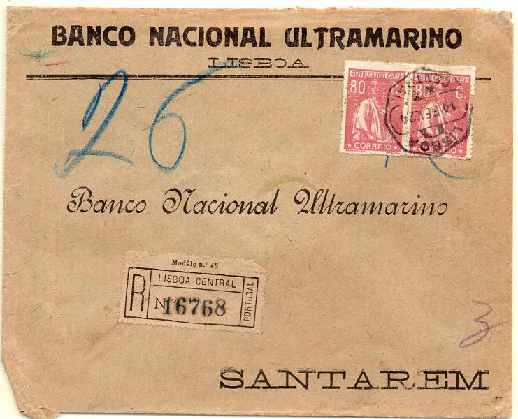 0916.jpg -     Lote:    916            Portugal       Descrição:         1920/22 &mdash; Ceres. Sobrescrito circulado registado de Lisboa (14.02.24) para Santarém, com par de selos de 80c lilás rosa, denteado 15x14, CE246. Repicados por BNU.        Carta       Valor Base:     &euro; 12,00     Valor Venda:     Retirado     