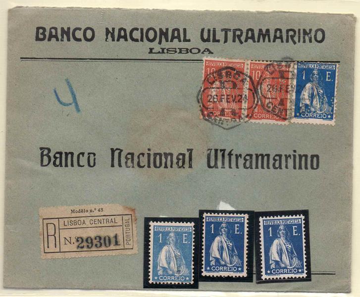 0921.jpg -     Lote:    921            Portugal       Descrição:         1912/23 &mdash; Ceres. Sobrescrito circulado registado de Lisboa (26.02.24) para Santarém (26.02.24)  com par de selos de 10C CE215 + selo de 1E CE258, todos perfurados com BNU. Acompanham três selos novos de 1$00 CE 258.        Carta       Valor Base:     &euro; 12,00     Valor Venda:     &euro; 14,00     