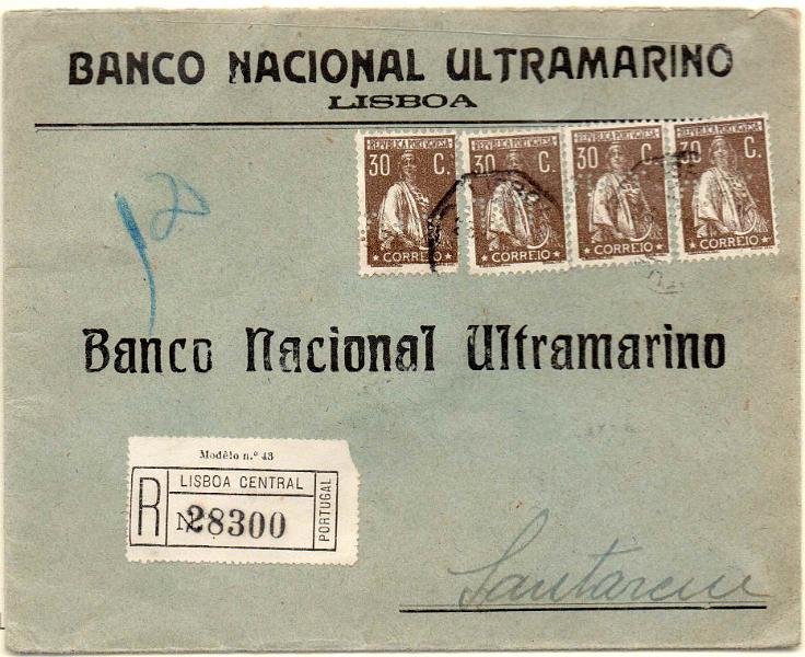 0924.jpg -     Lote:    924            Portugal       Descrição:         1924/26 &mdash; Ceres. Sobrescrito circulado registado de Lisboa (22.06.24) para Santarém (23.06.24) com 4 selos de 30 c canela, CE281. Todos perfurados com BNU.        Carta       Valor Base:     &euro; 25,00     Valor Venda:     Retirado     