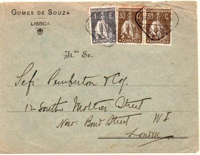 0925.jpg -     Lote:    925            Portugal       Descrição:         1924/26 &mdash; Ceres. Sobrescrito circulado de Lisboa (23.10.24) para Londres com par de 30c CE281 e selo de 1E CE288.        Carta       Valor Base:     &euro; 12,00     Valor Venda:     &euro; 14,00     