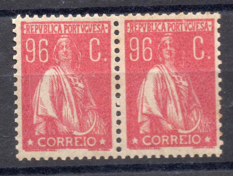 0927.jpg -     Lote:    927            Portugal       Descrição:         1924/26 &mdash; Ceres. CE287. 96C, vermelho. Par horizontal. Valor de catálogo &euro; 230,00.        ***       Valor Base:     &euro; 25,00     Valor Venda:     Retirado     