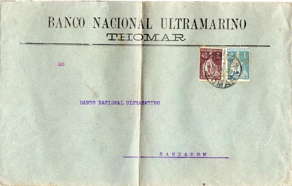 0930.jpg -     Lote:    930            Portugal       Descrição:         1924/26 &mdash; Ceres. Sobrescrito circulado de Tomar para Santarém (02.03.26) com selos de 40c CE263 e 2E CE292. Todos perfurados com BNU.        Carta       Valor Base:     &euro; 20,00     Valor Venda:     &euro; 20,00     