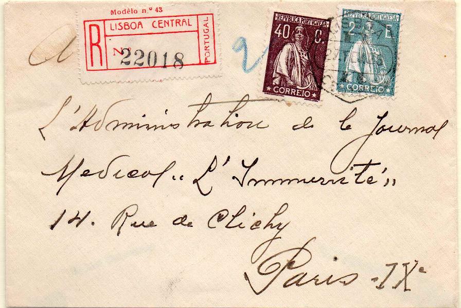 0931.jpg -     Lote:    931            Portugal       Descrição:         1924/26 &mdash; Ceres. Sobrescrito circulado registado de Lisboa (27.02.26) para Paris, com selo de 40c CE283 e 2$00 CE292.        Carta       Valor Base:     &euro; 60,00     Valor Venda:     &euro; 60,00     
