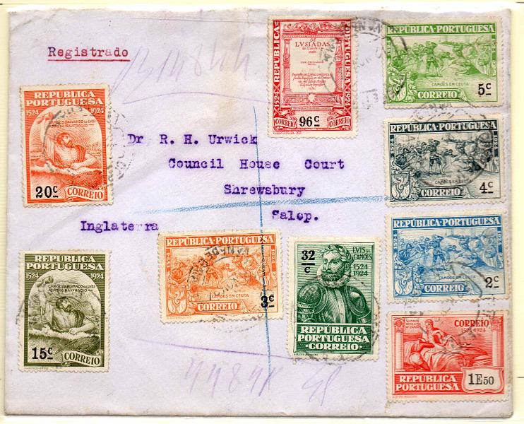 0934.jpg -     Lote:    934            Portugal       Descrição:         1924 &mdash; 4.º Centenário do Nascimento de Luís de Camões. Sobrescrito circulado registado de Lisboa (12.11.24) para a Inglaterra, com selos de 2, 3, 4, 5, 15, 20, 32, 96c e 1$50 CE299/302, 306, 308, 311, 318 e 321. . Primeiro dia de circulação dos três em que esteve em circulação estes selos. R.        Carta       Valor Base:     &euro; 125,00     Valor Venda:     Retirado     
