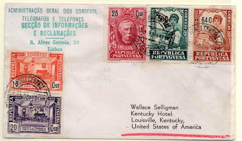 0936.jpg -     Lote:    936            Portugal       Descrição:         1925 &mdash; Centenário do Nascimento de Camilo Castelo Branco (selos de recurso). Sobrescrito circulado de Lisboa (06.12.37) para os EUA, com selos de 16C, 20C, 25C, 50C e 64C, CE338, 339, 340, 345 e 346.        Carta       Valor Base:     &euro; 35,00     Valor Venda:     Retirado     