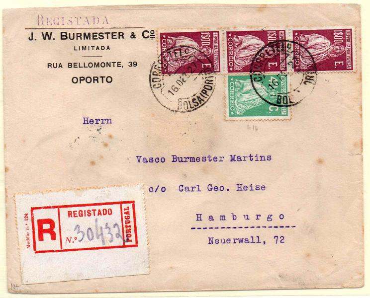 0940.jpg -     Lote:    940            Portugal       Descrição:         1926 &mdash; Ceres. Emissão Londres. Sobrescrito circulado registado do Porto (16.12.27) para Hamburgo com selo de 40C e tira de 3 selos de 1$00, CE406, 412. MB.        Carta       Valor Base:     &euro; 20,00     Valor Venda:     Retirado     