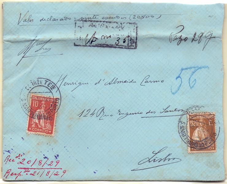0941.jpg -     Lote:    941            Portugal       Descrição:         1912/26 &mdash; Ceres + Ceres. Emissão Londres. Valor declarado no valor de 20$00, remetido de S. Martinho do Porto para Lisboa (20.08.29) com selos de 10c CE215 e 1$20 CE413.        Carta       Valor Base:     &euro; 25,00     Valor Venda:     &euro; 95,00     