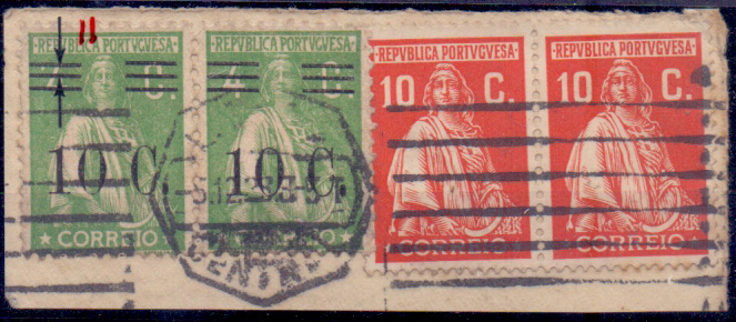 0949.jpg -     Lote:    949            Portugal       Descrição:         1928/29 &mdash; Ceres com sobretaxa. CE483, 10c s/ 4c. Par em fragmento com um dos selos com variedade de barramento tipo II no primeiro selo. Valor de catálogo &euro; 26,40.        FRG       Valor Base:     &euro; 6,00     Valor Venda:     Retirado     