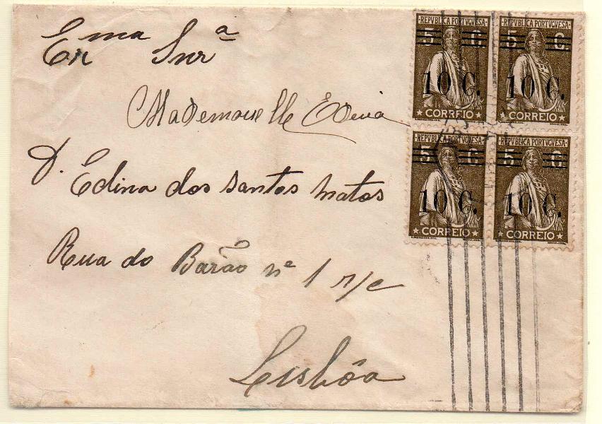 0950.jpg -     Lote:    950            Portugal       Descrição:         1928/29 &mdash; Ceres, com sobretaxa. Sobrescrito circulado em Lisboa com quadra de 10c s/ 5c sépia CE458.        Carta       Valor Base:     &euro; 20,00     Valor Venda:     Retirado     