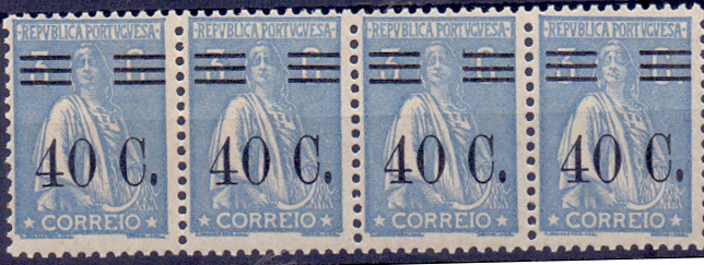 0954.jpg -     Lote:    954            Portugal       Descrição:         1928/29 &mdash; Ceres com sobretaxa. CE469, 40c s/ 3c. Tira horizontal com 4 selos com um dos selos com variedade de barramento tipo XI no terceiro selo. Não catalogado para este valor        ***       Valor Base:     &euro; 15,00     Valor Venda:     &euro; 15,00     