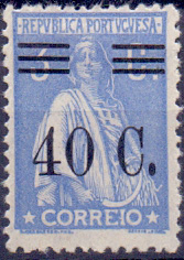 0955.jpg -     Lote:    955            Portugal       Descrição:         1928/29 &mdash; Ceres, com sobretaxa. CE469, 40c s/ 3 c, azul. Selo com variedade de barramento XI. Não catalogado neste valor.        **       Valor Base:     &euro; 12,00     Valor Venda:     Retirado     