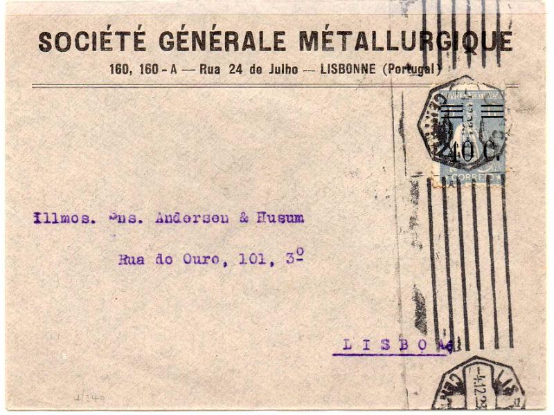 0957.jpg -     Lote:    957            Portugal       Descrição:         1928/29 &mdash; Ceres. CE469, 40c s/ 3c azul, denteado 12x11 &frac12;, em sobrescrito circulado em Lisboa (04.12.28). Selo com tipo de barras III.        Carta       Valor Base:     &euro; 30,00     Valor Venda:     &euro; 55,00     